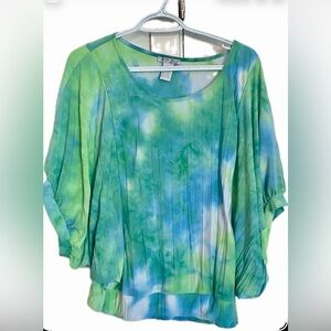 **Alberto Makali ** Green&Blue Tie-Dye Blouse with dolman Sleeves,